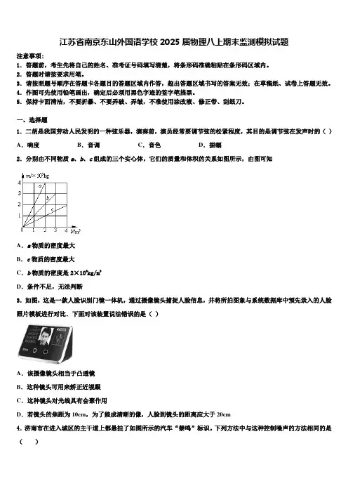 江苏省南京东山外国语学校2025届物理八上期末监测模拟试题含解析