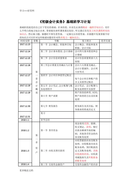 2018初级会计实务复习计划表教学文案