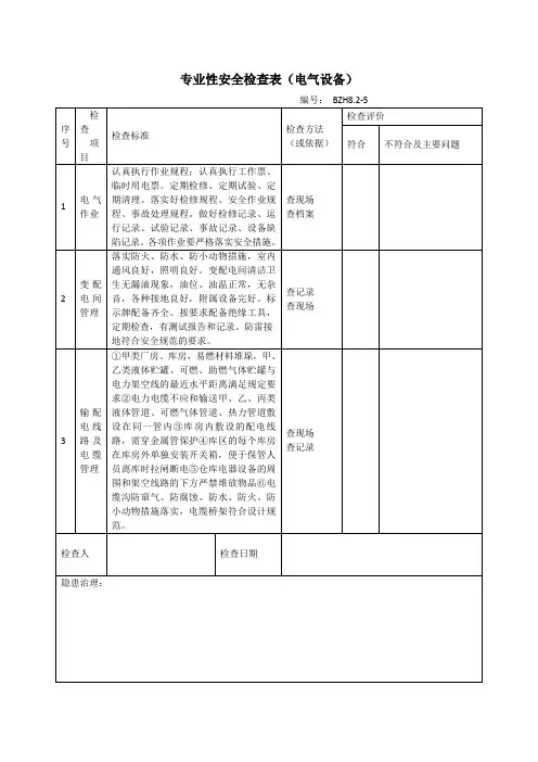 专业性安全检查表(电气设备)