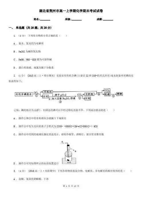 湖北省荆州市高一上学期化学期末考试试卷