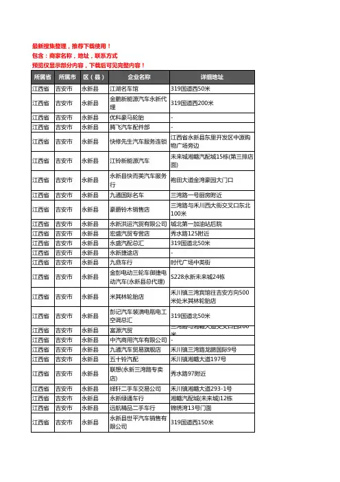 新版江西省吉安市永新县汽车4S店企业公司商家户名录单联系方式地址大全34家