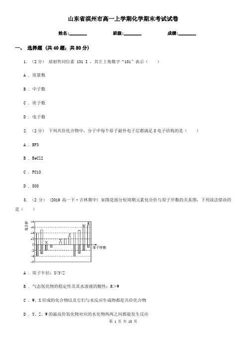 山东省滨州市高一上学期化学期末考试试卷