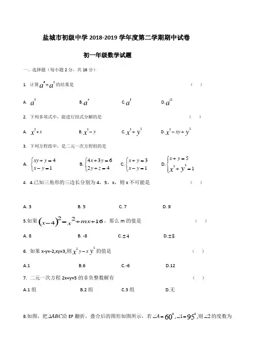 江苏省盐城市初级中学2018-2019学年度第二学期期中试卷七年级级数学试题