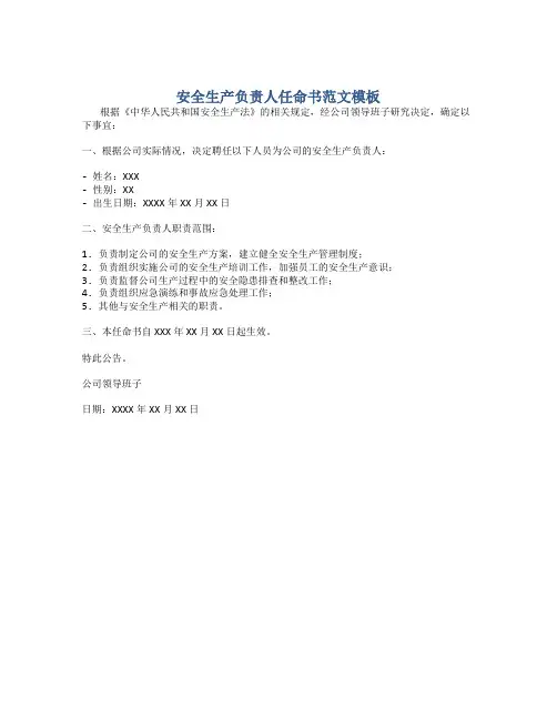 安全生产负责人任命书范文模板