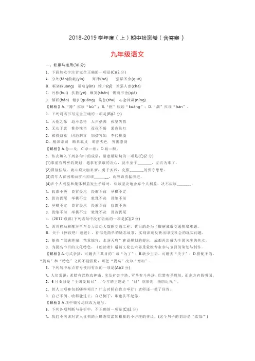 2018-2019学年度(上)期中检测卷(含答案)九年级语文