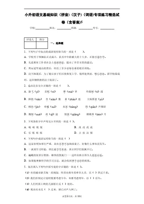 小升初语文基础知识(拼音)(汉子)(词语)专项练习精选试卷(含答案)5