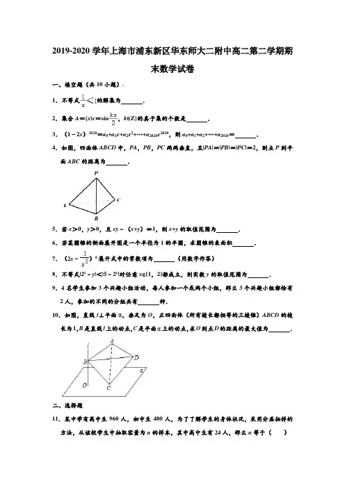 2019-2020学年上海市浦东新区华东师大二附中高二下学期期末数学试卷 (解析版)