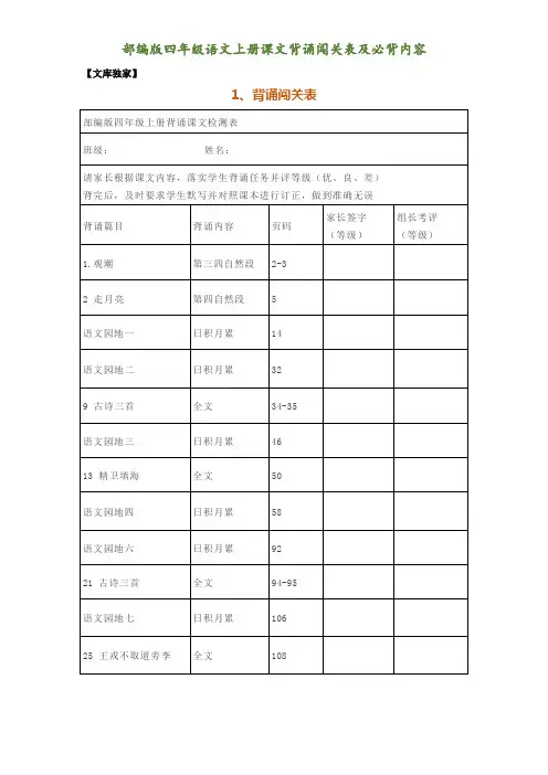 2020部编版四年级语文上册课文背诵闯关表及必背内容