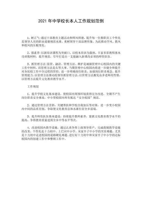 2021年中学校长本人工作规划范例