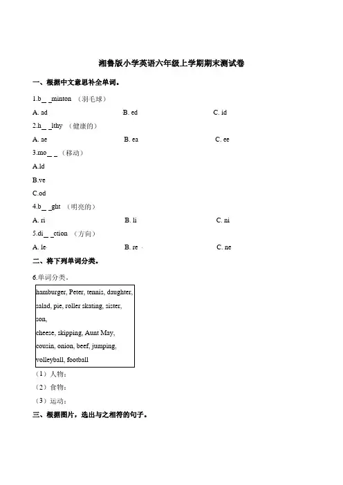 六年级上册英语试题-期末测试卷 湘鲁版含解析