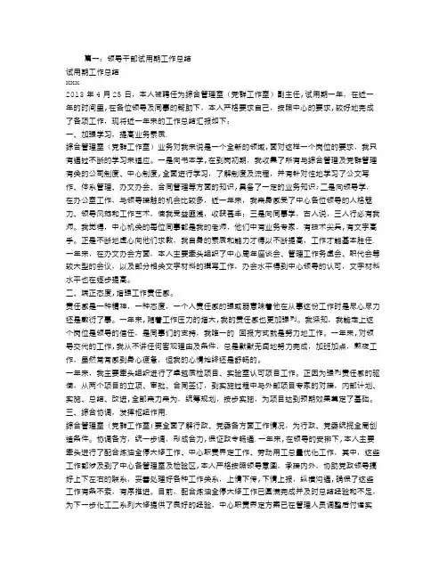 领导岗位试用期工作总结