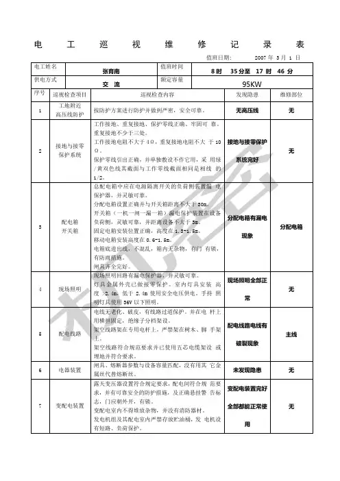 电工巡视维修记录表