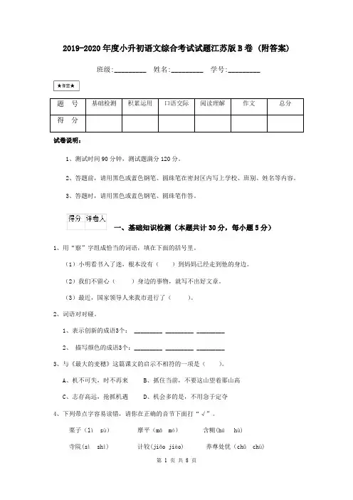 2019-2020年度小升初语文综合考试试题江苏版B卷 (附答案)