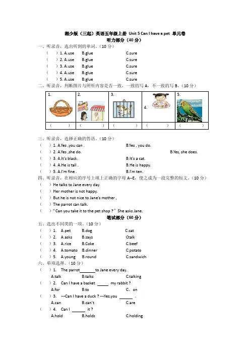 湘少版(三起)英语五年级上册 Unit 5 Can I have a pet 单元卷