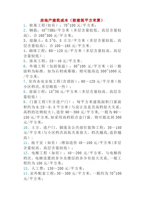 (每平米)房地产建筑成本及建筑常用数据
