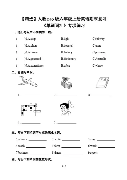 【精选】人教pep版六年级上册英语期末复习《单词词汇》专项练习(含答案)