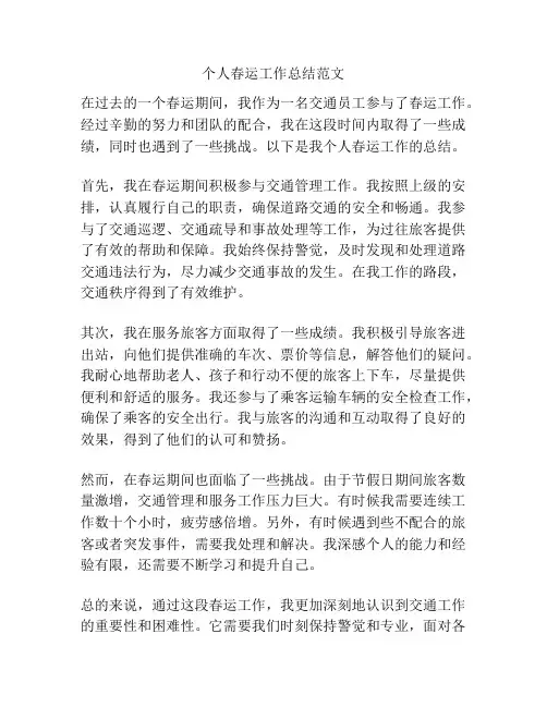 个人春运工作总结范文
