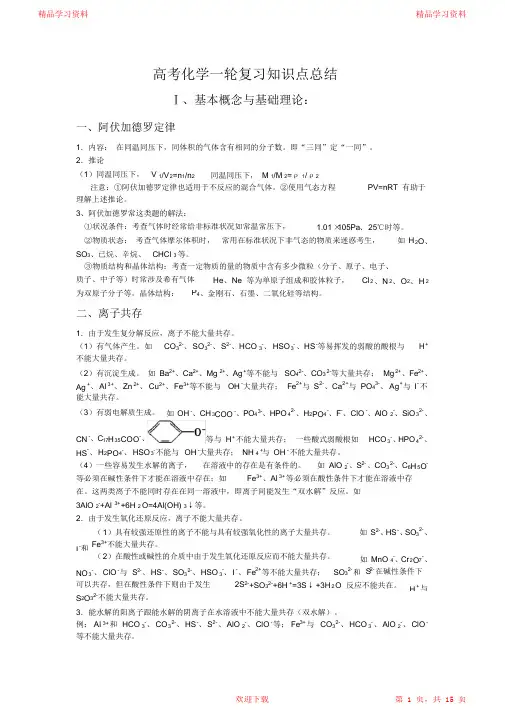 2021届高中化学高考总复习必背知识点总结(全)(完整版)