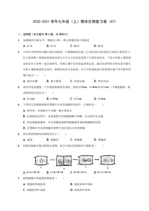 2020-2021学年七年级(上)期末生物复习卷 (47)(含答案解析)