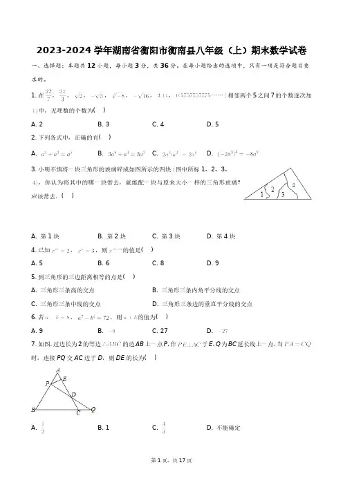 2023-2024学年湖南省衡阳市衡南县八年级(上)期末数学试卷+答案解析