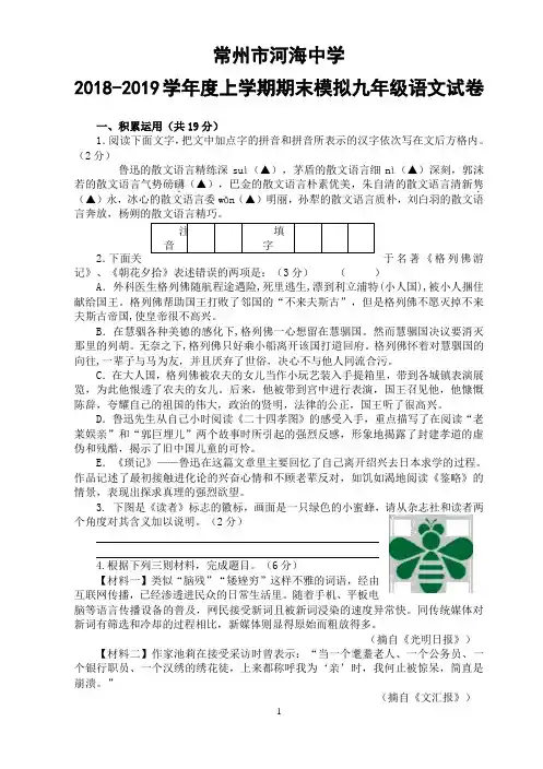 江苏省常州市河海中学2018-2019学年度上学期期末模拟九年级语文试题及答案(WORD版)