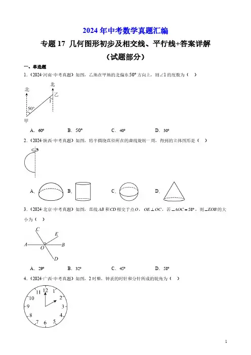 2024年中考数学真题汇编专题17 几何图形初步及相交线、平行线+答案详解