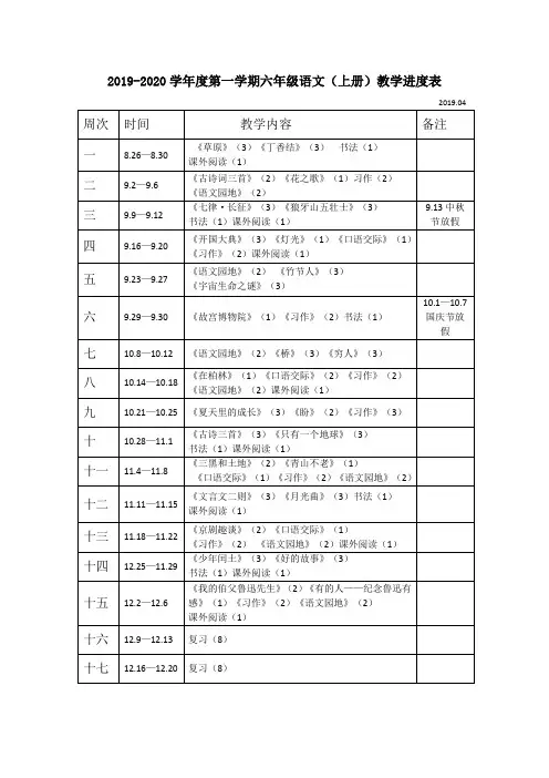 人教部编版六年级上册语文进度表