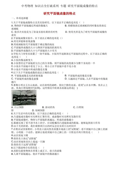 中考物理 知识点全突破系列 专题 探究平面镜成像的特点