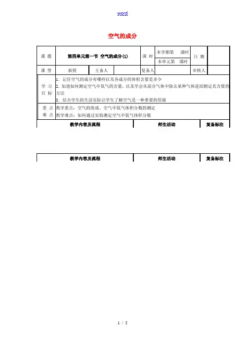 九年级化学上册 4.1.1 空气的成分教案 (新版)鲁教版-(新版)鲁教版初中九年级上册化学教案