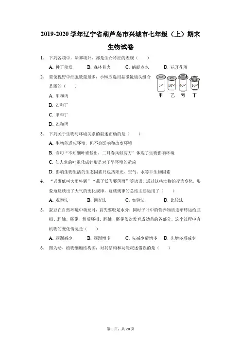 2019-2020学年辽宁省葫芦岛市兴城市七年级(上)期末生物试卷(附答案详解)