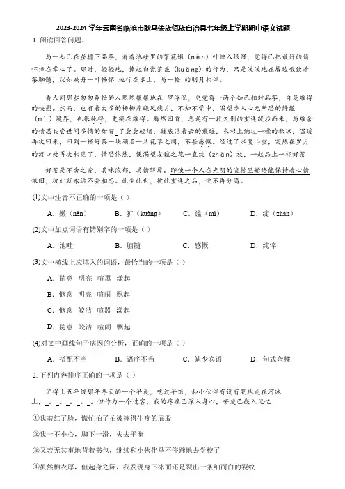 2023-2024学年云南省临沧市耿马傣族佤族自治县七年级上学期期中语文试题