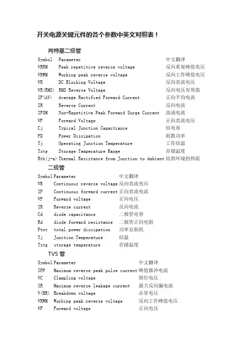开关电源关键元件的各个参数中英文对照表！