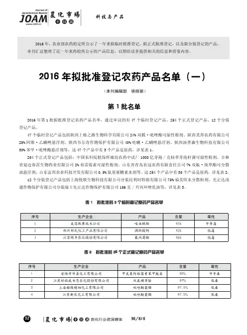 2016年拟批准登记农药产品名单(一)