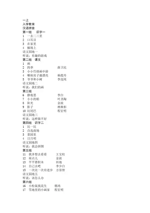 小学语文教材目录表