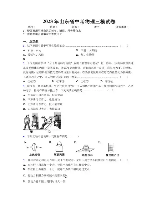 2023年山东省中考物理三模试卷附解析