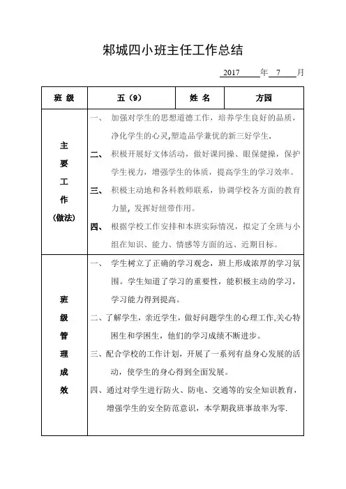 班主任工作总结表