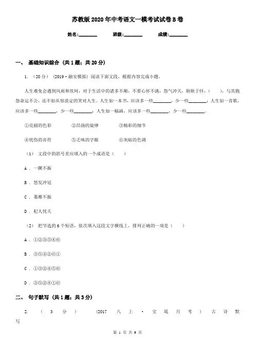 苏教版2020年中考语文一模考试试卷B卷