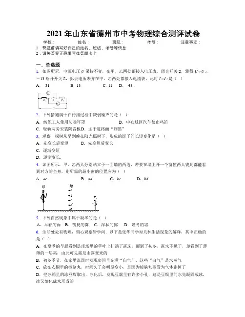 2021年山东省德州市中考物理综合测评试卷及解析