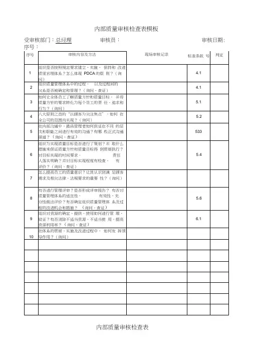 内部质量审核检查表模板(全套)
