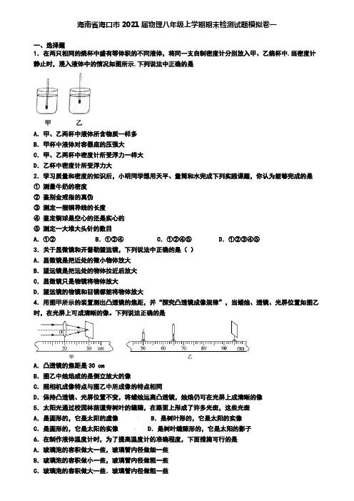 海南省海口市2021届物理八年级上学期期末检测试题模拟卷一