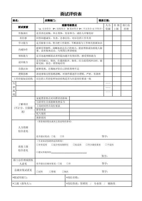面试评价表(标准样本)