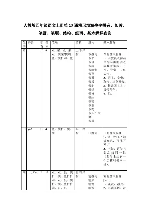 人教版四年级语文上册第13课精卫填海生字拼音、部首、笔画、笔顺、结构、组词、基本解释查询