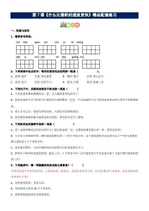 第07课《什么比猎豹的速度更快》精品配套练习(基础+阅读)-部编版五年级上册