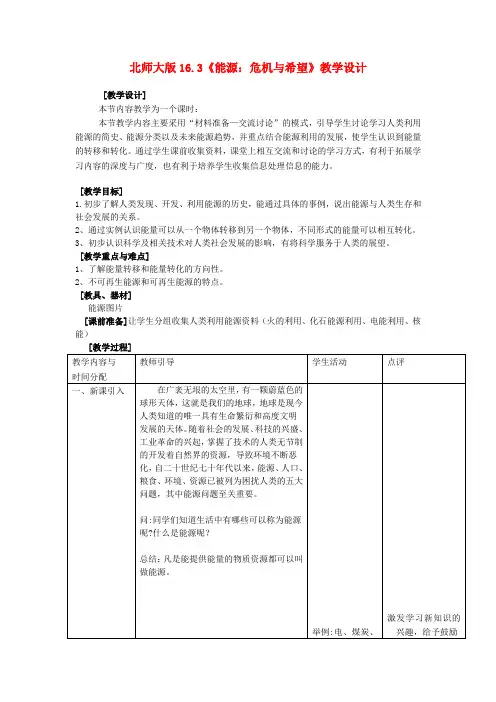 九年级物理 16.3《能源危机与希望》教案 北师大版