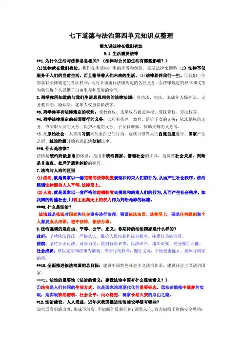 部编人教版七年级下册道德与法治：第四单元走进法治天地知识点整理知识点归纳