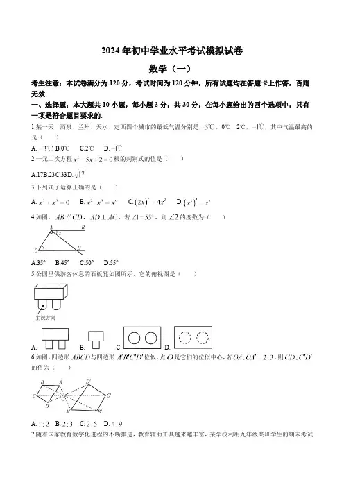 甘肃省酒泉市2024届九年级下学期中考一模数学试卷(含答案)