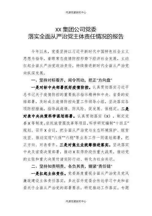 落实全面从严治党主体责任情况的报告