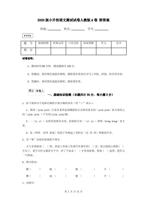2020版小升初语文测试试卷人教版A卷 附答案