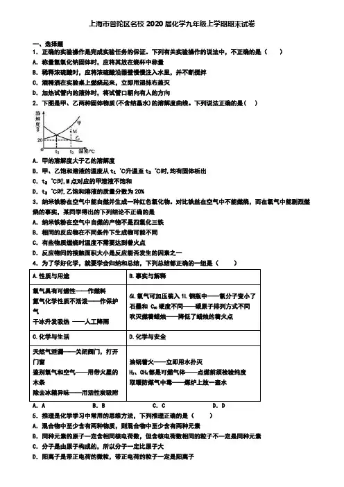 上海市普陀区名校2020届化学九年级上学期期末试卷