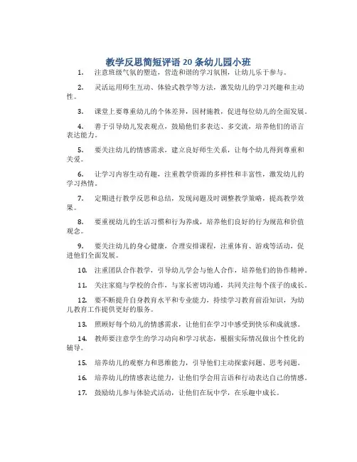 教学反思简短评语20条幼儿园小班